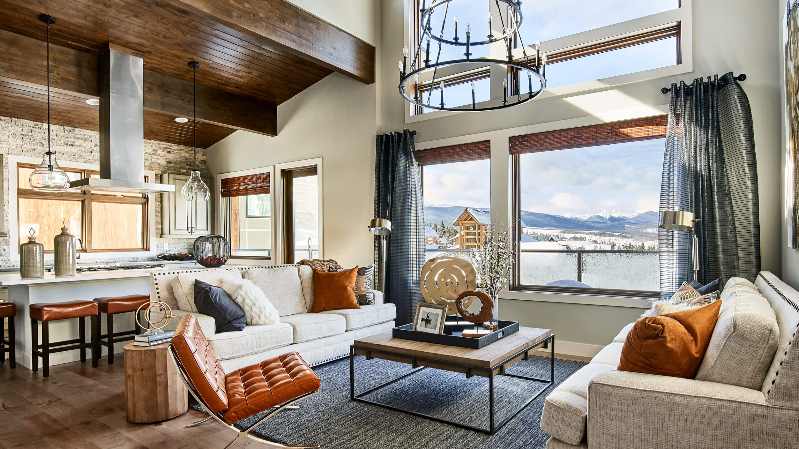 Living room interior with mountain views