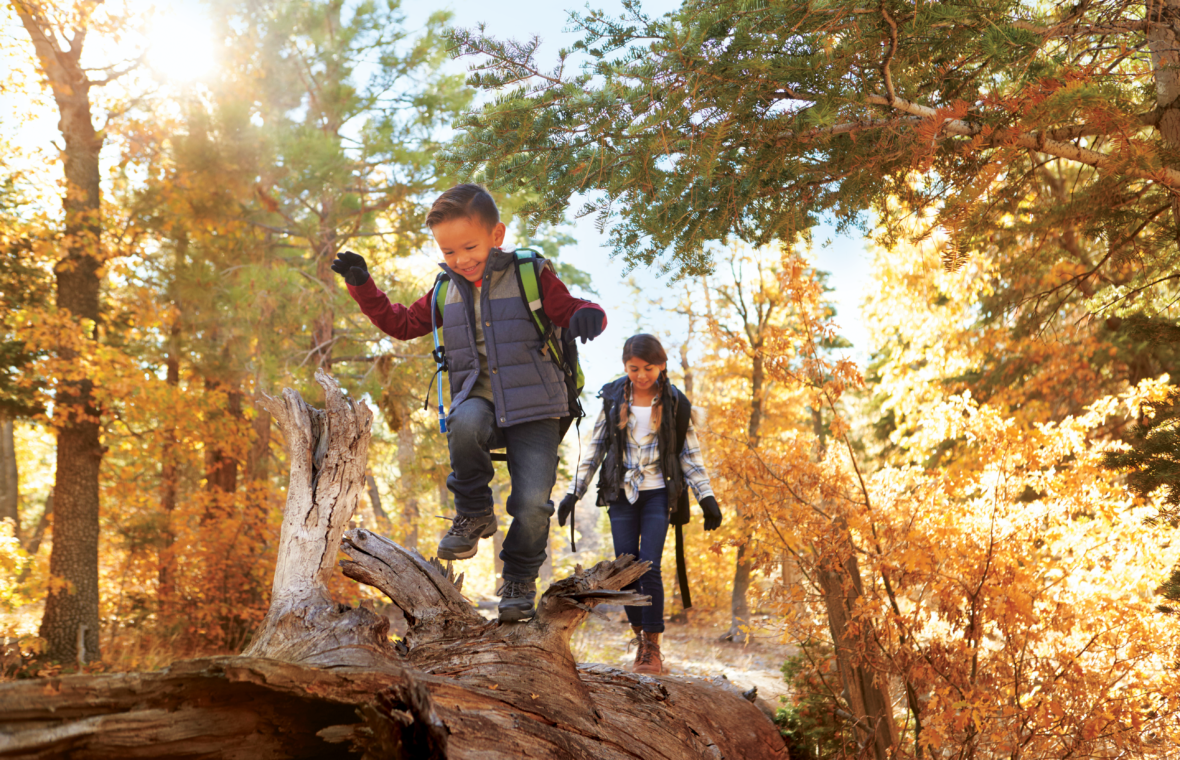Two children hiking in fall