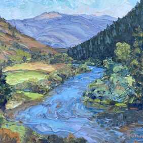 Landscape painting of a river with mountains and trees.